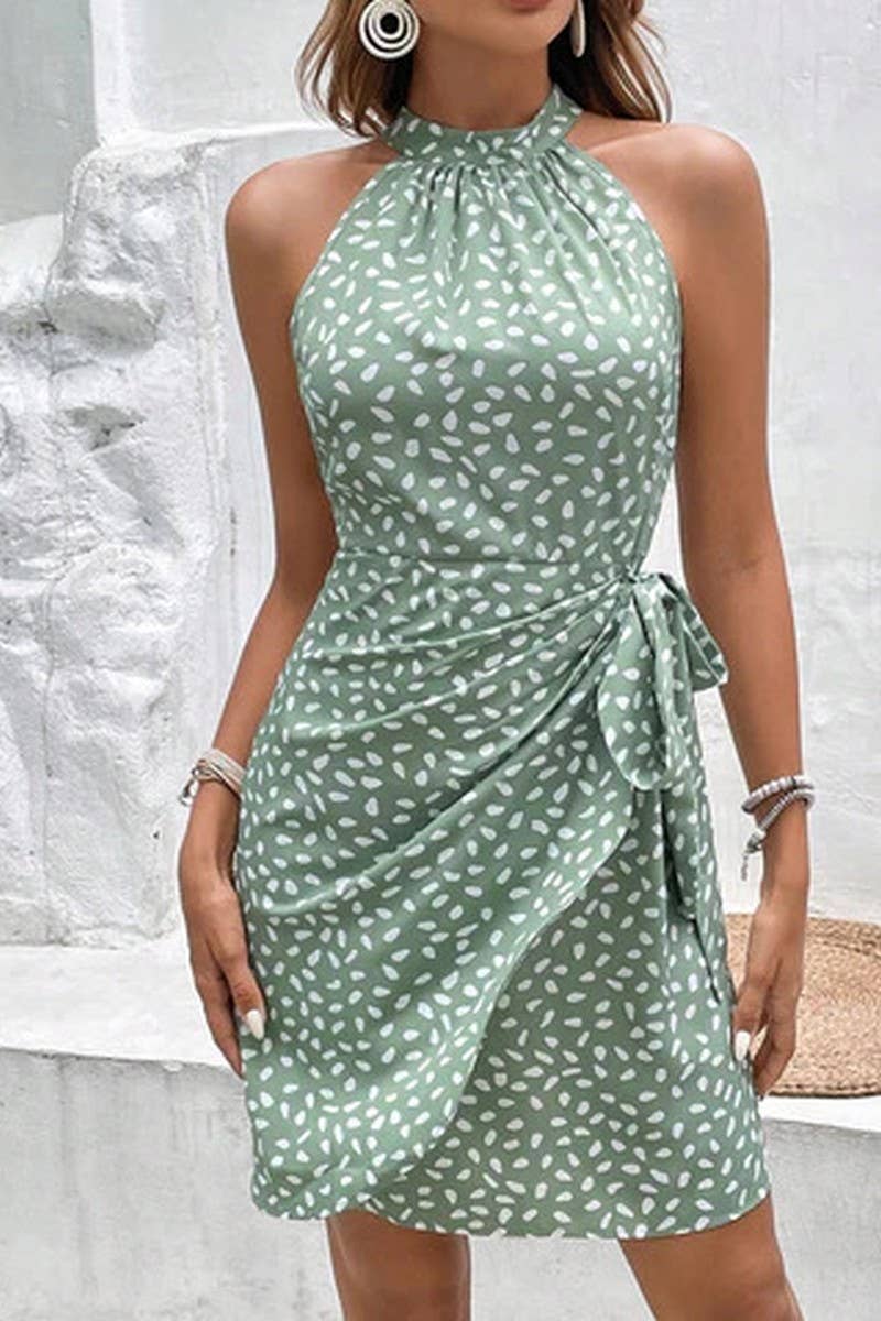 CWDSD10612_FASHIONABLE HALTERNECK FLORAL PLEATED SHORT DRESS