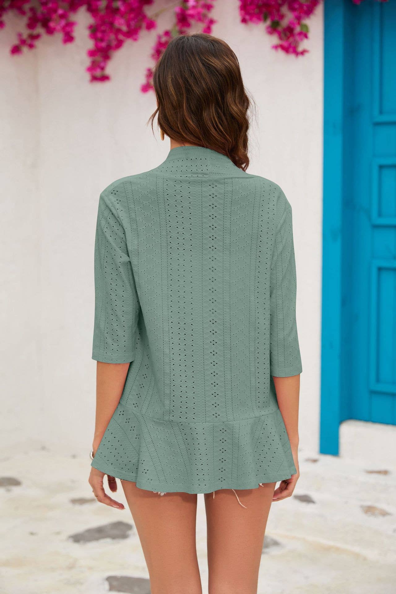SOLID COLOR SEVEN-QUARTER SLEEVE RUFFLED CARDIGAN