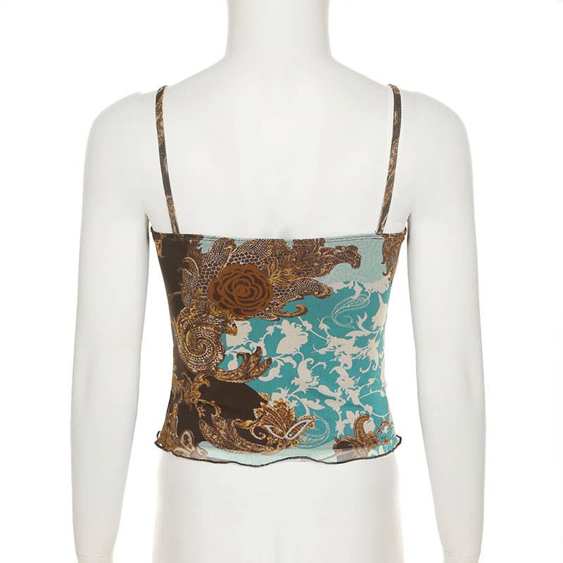 V-neck Slim Vintage print Lace Halter top