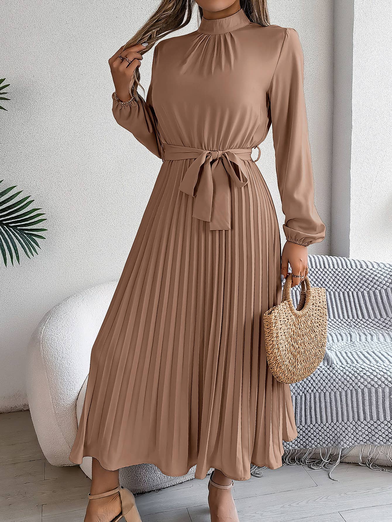 STANDING COLLAR LONG SLEEVE PLEATED LONG DRESS