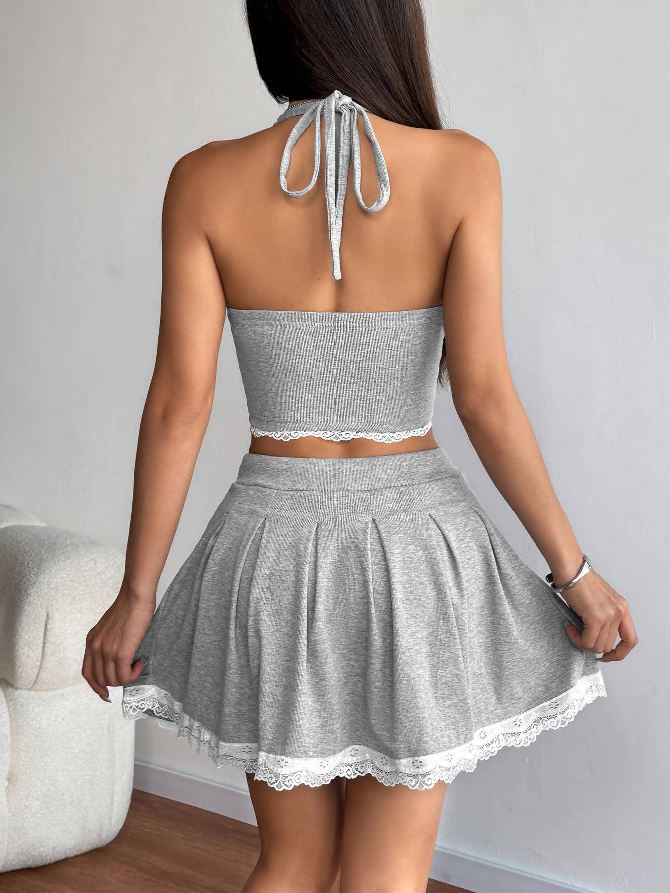 Lace-up short skirt halter top two-piece set