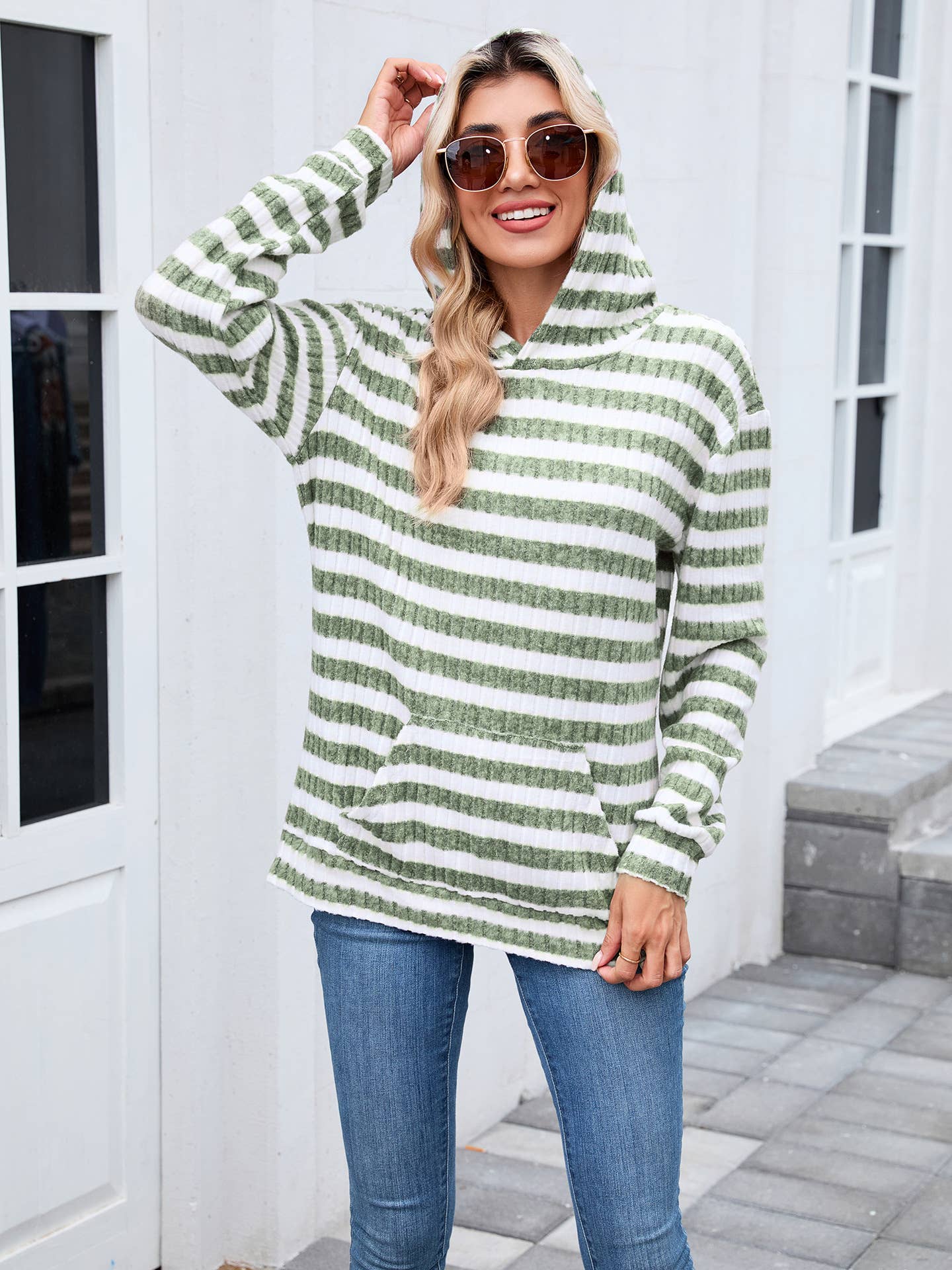 Striped hooded loose long-sleeved sweatshirt
