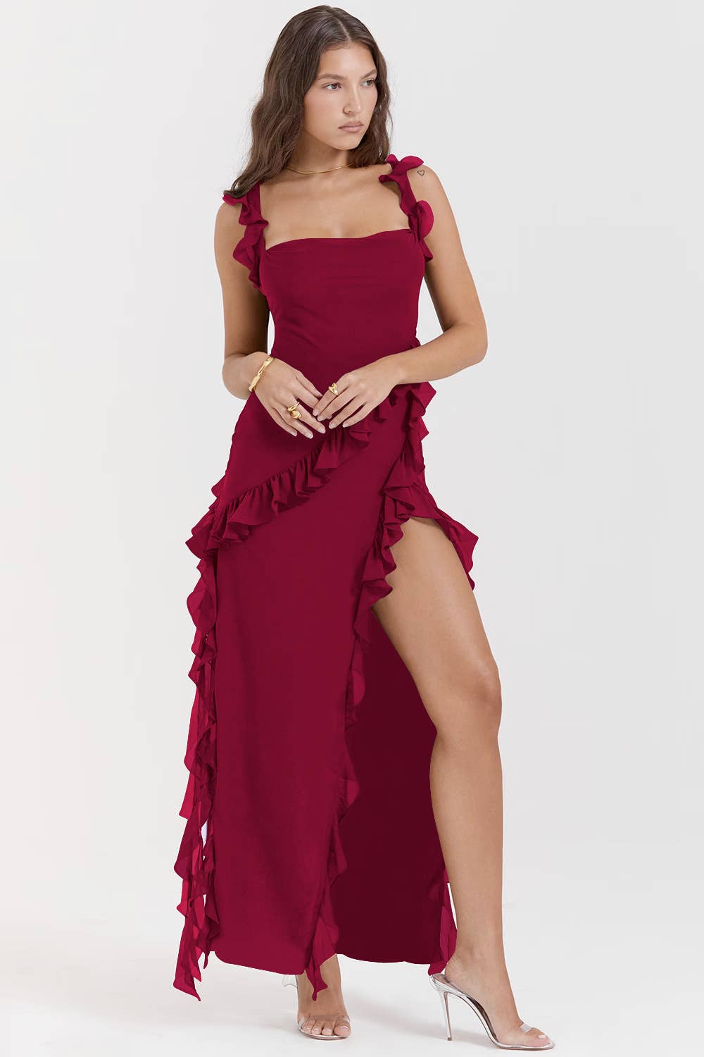 Off shoulder sexy open back ruffle split dress
