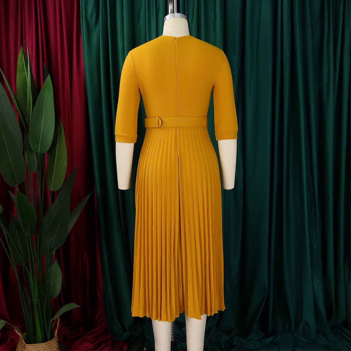 FASHION SUIT COLLAR PLEATED WAIST PLUS SIZE DRESS_CWDMD3653