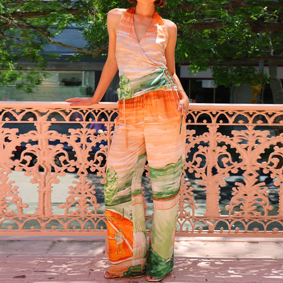 Casual halter wide-leg pants printed Jumpsuit