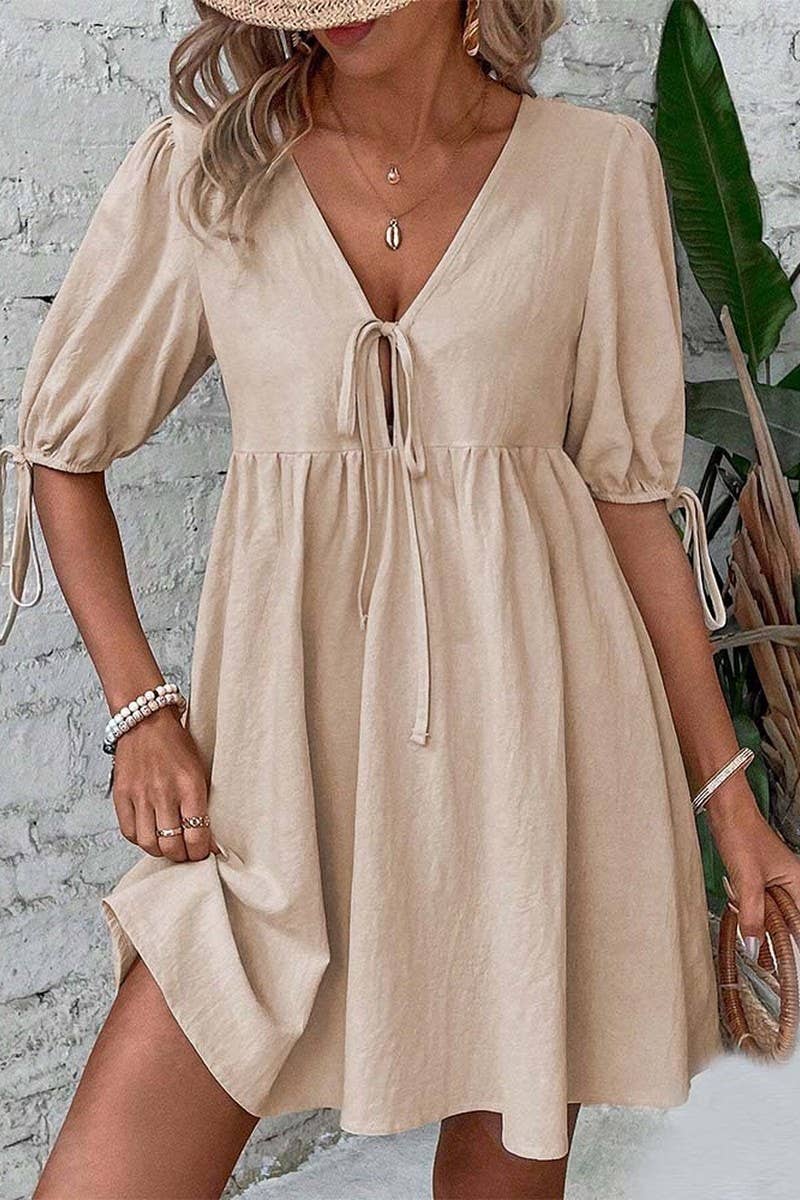 CWDSD8449_DEEP V TIE FRONT LOOSE A-LINE WOVEN DRESS