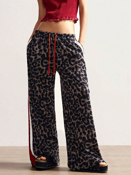 Leopard print stylish loose wide-leg trousers