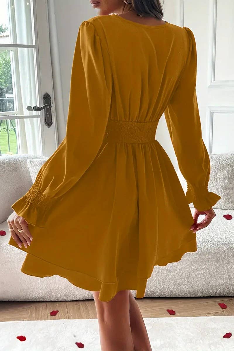 CWDSD8566_SOLID DOUBLE LAYER HEM V-NECK WAIST DRESS