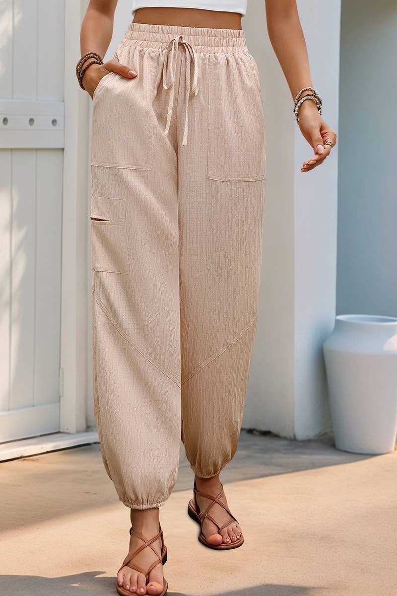 CWBLP1634_SOLID COLOR TEXTURED LACE-UP TROUSERS