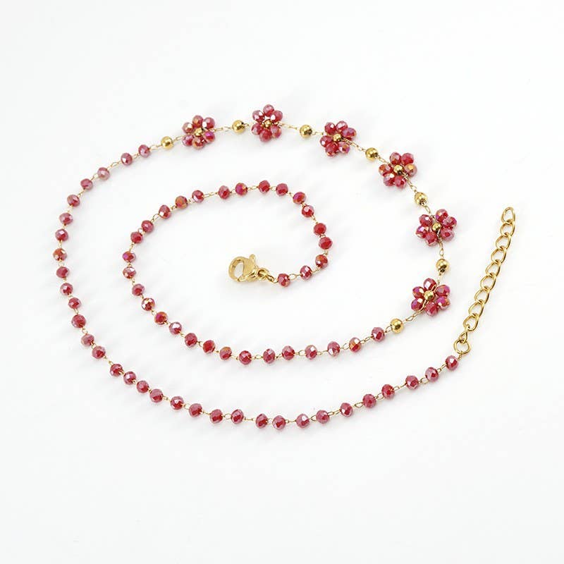 18K stainless steel small fresh crystal flower necklace