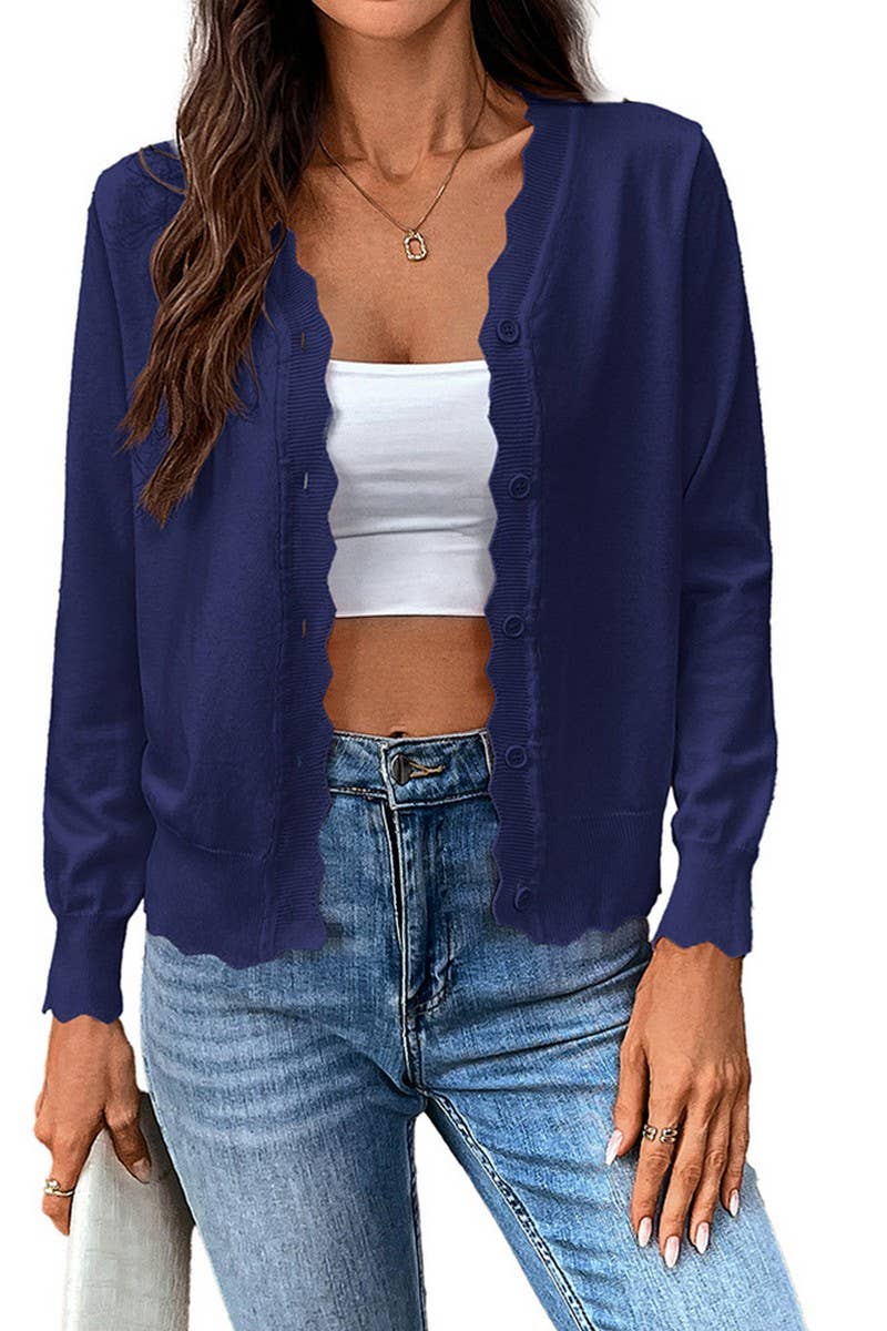 CWOCAL00610_SOLID COLOR V-NECK LONG-SLEEVED KNITTED CARDIGAN