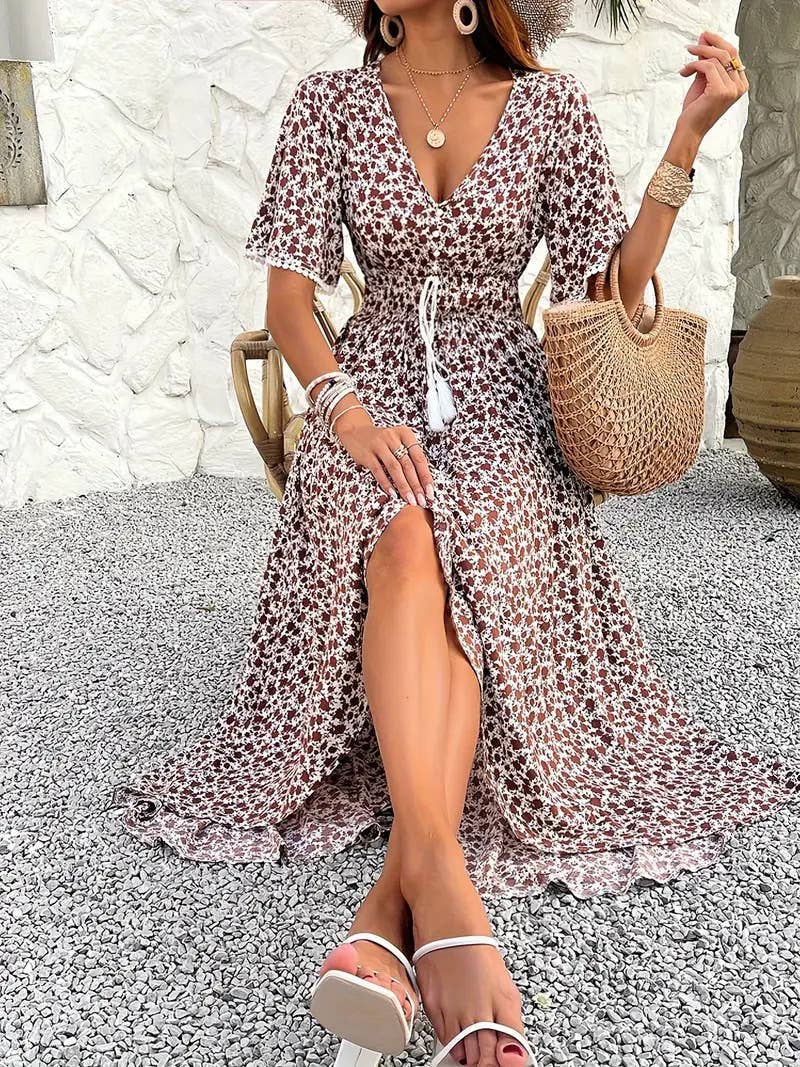 V-neck high-waisted elegant printed dress