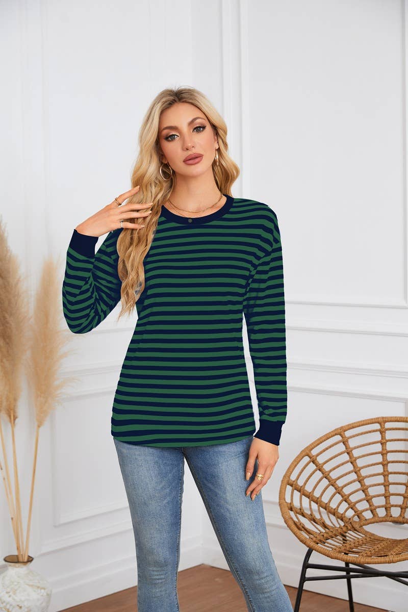 STRIPED CREW-NECK LONG-SLEEVED PULLOVER HOODIE