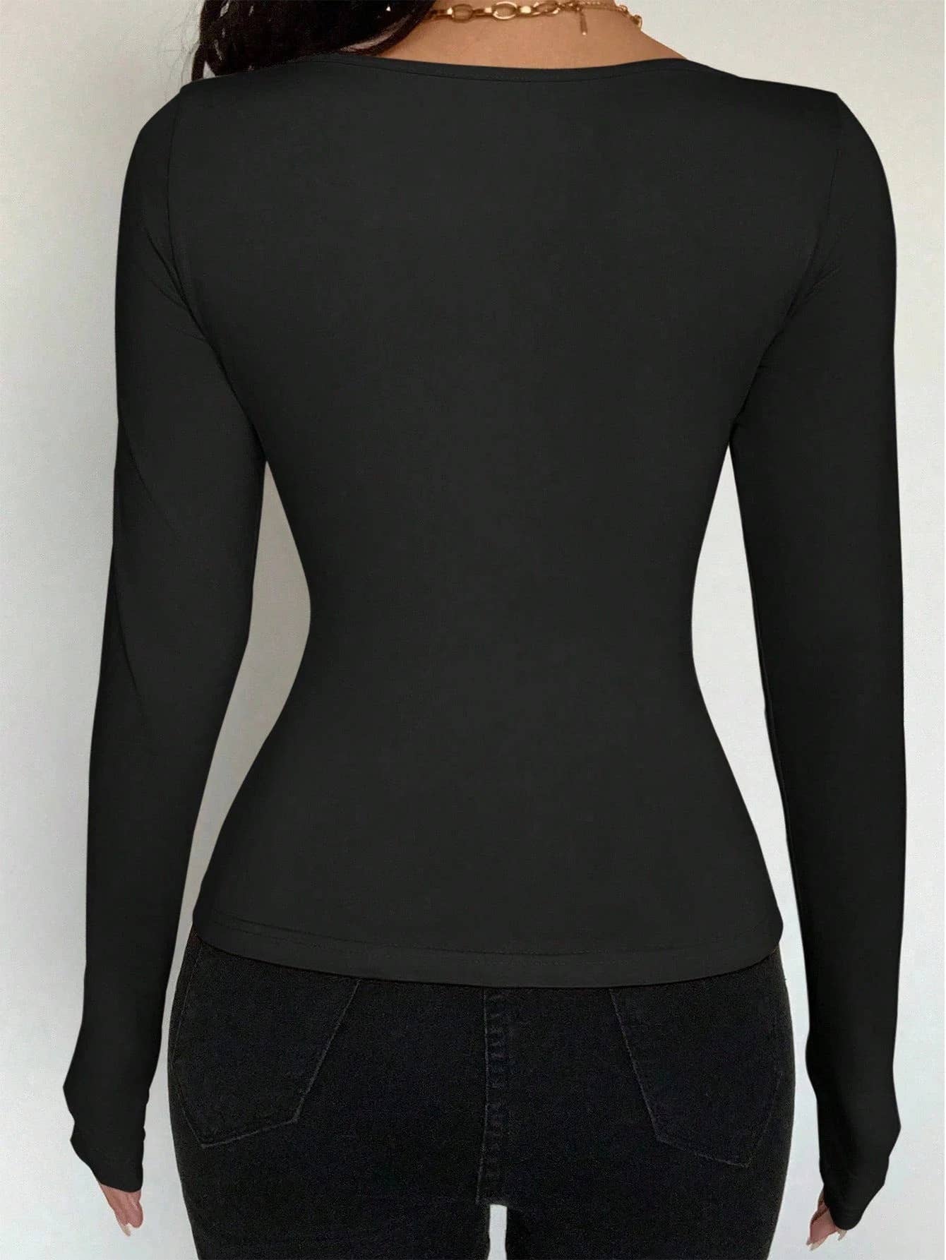 Solid-color long-sleeved lace-up fitted top