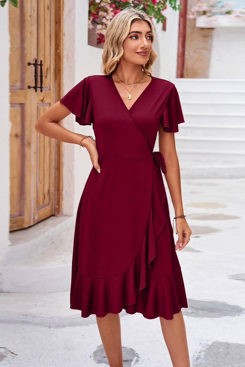 CWDSD2546_Deep V-Neck Wrap Short Sleeve Dresses