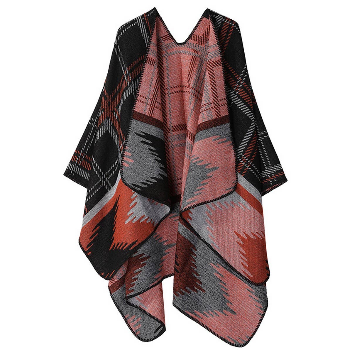 DOUBLE-SIDED PLAID FAUX CASHMERE SHAWL CAPE