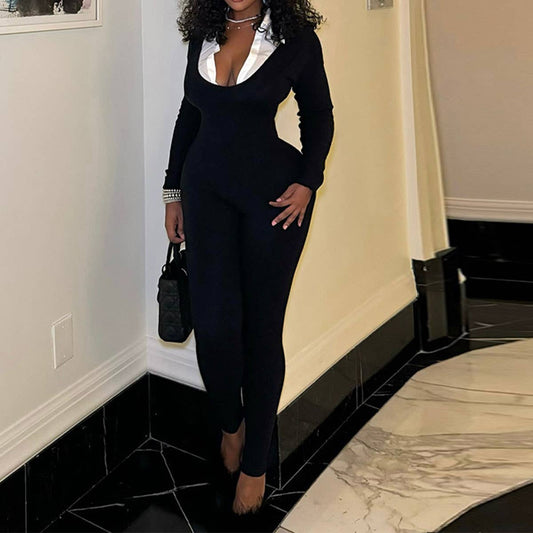 SKINNY ZIPPER LONG SLEEVE WHITE U-NECK JUMPSUIT_CWSJS1257