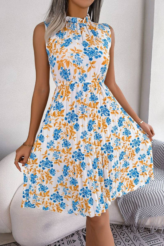 WOMEN FLORAL WAIST PLEATED DRESS_CWDSD2520