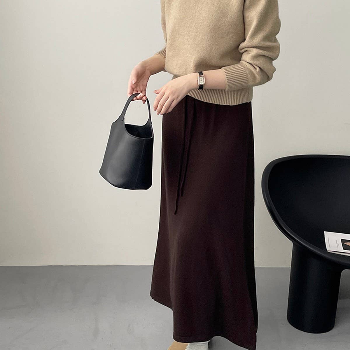 Solid color all-in-one drawstring knit A-line skirt