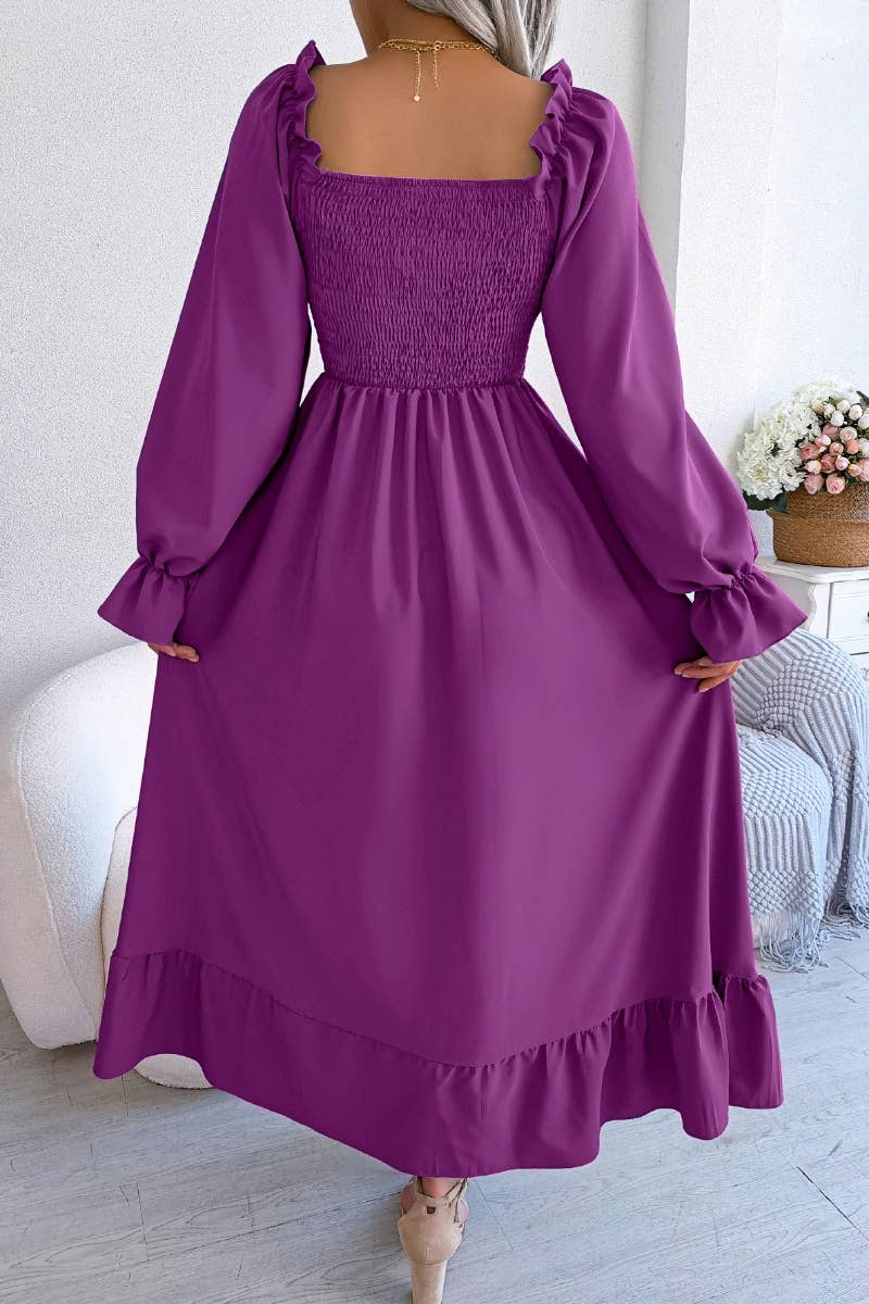 CWDMD2663_RUFFLED DRESS WITH SQUARE COLLAR FLARED SLEEVES