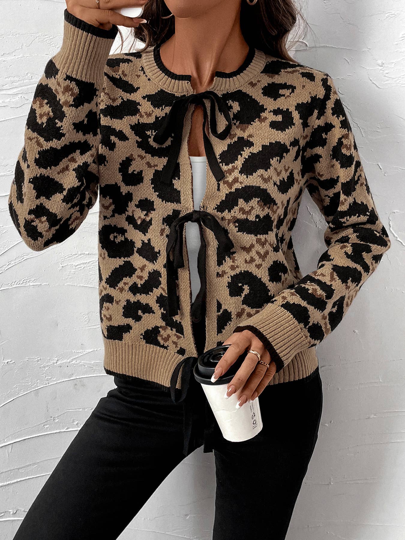 LEOPARD PRINT BOW TIE KNIT CARDIGAN JACKET
