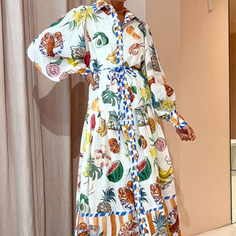 LANTERN SLEEVE PRINTED LAPEL LONG-SLEEVED DRESS