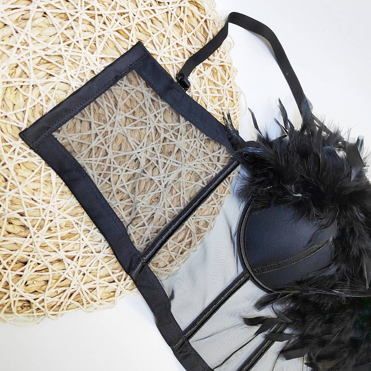 SEXY FEATHER SEE-THROUGH MESH HERRINGBONE CORSET