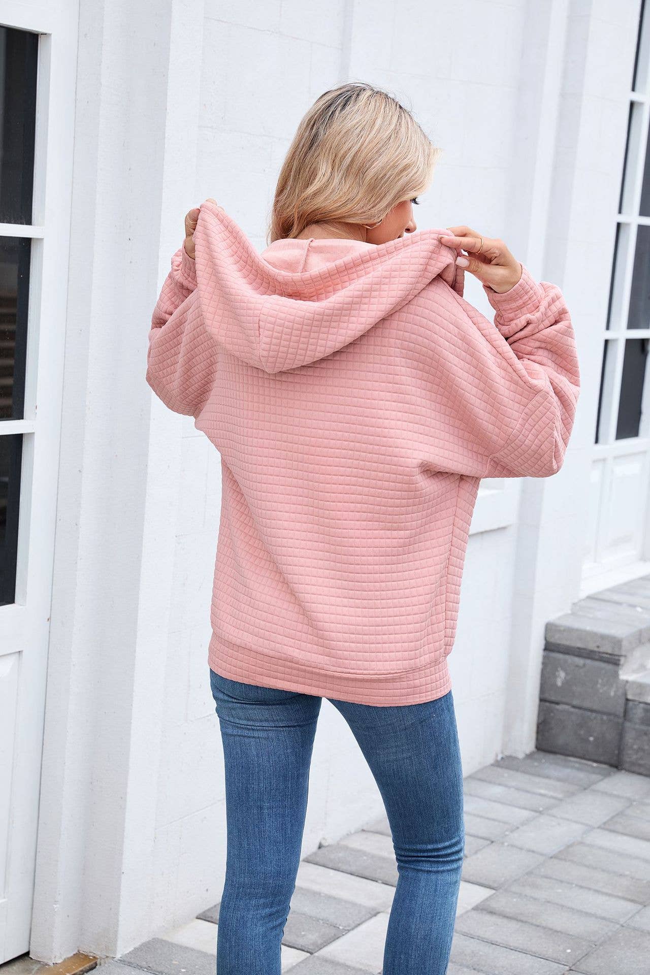 Solid-color zipper long-sleeved hooded coat