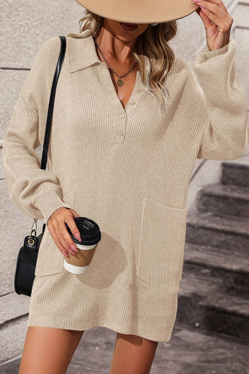 CWDSD6487_LAPEL BUTTON-DOWN LONG-SLEEVED SWEATER DRESS