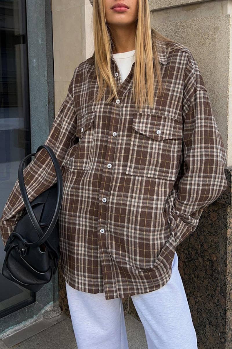 Cwtstl2319_Vintage Plaid Pocket Long Sleeve Shirt Top