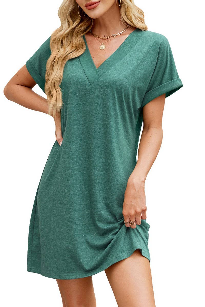 CWDSD7434_SPRING AND SUMMER V-NECK LOOSE SHORT SLEEVED DRESS