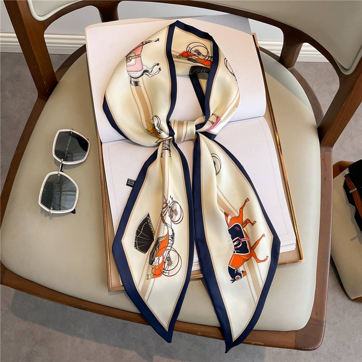 NARROW RIBBON ANGLED PRINTED SILK  HEAD SCARF