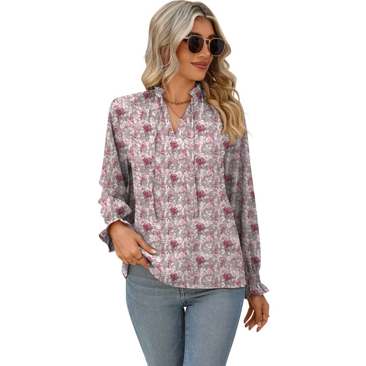 V-neck lace-up printed stand-up collar shirt