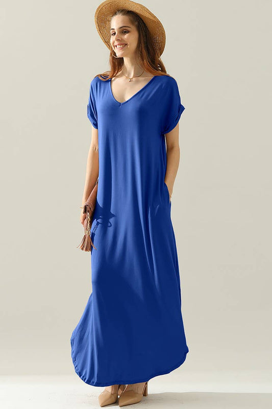 CWDMD820_SHORT SLEEVE V-NECK MAXI DRESS WITH SIDE SLIT