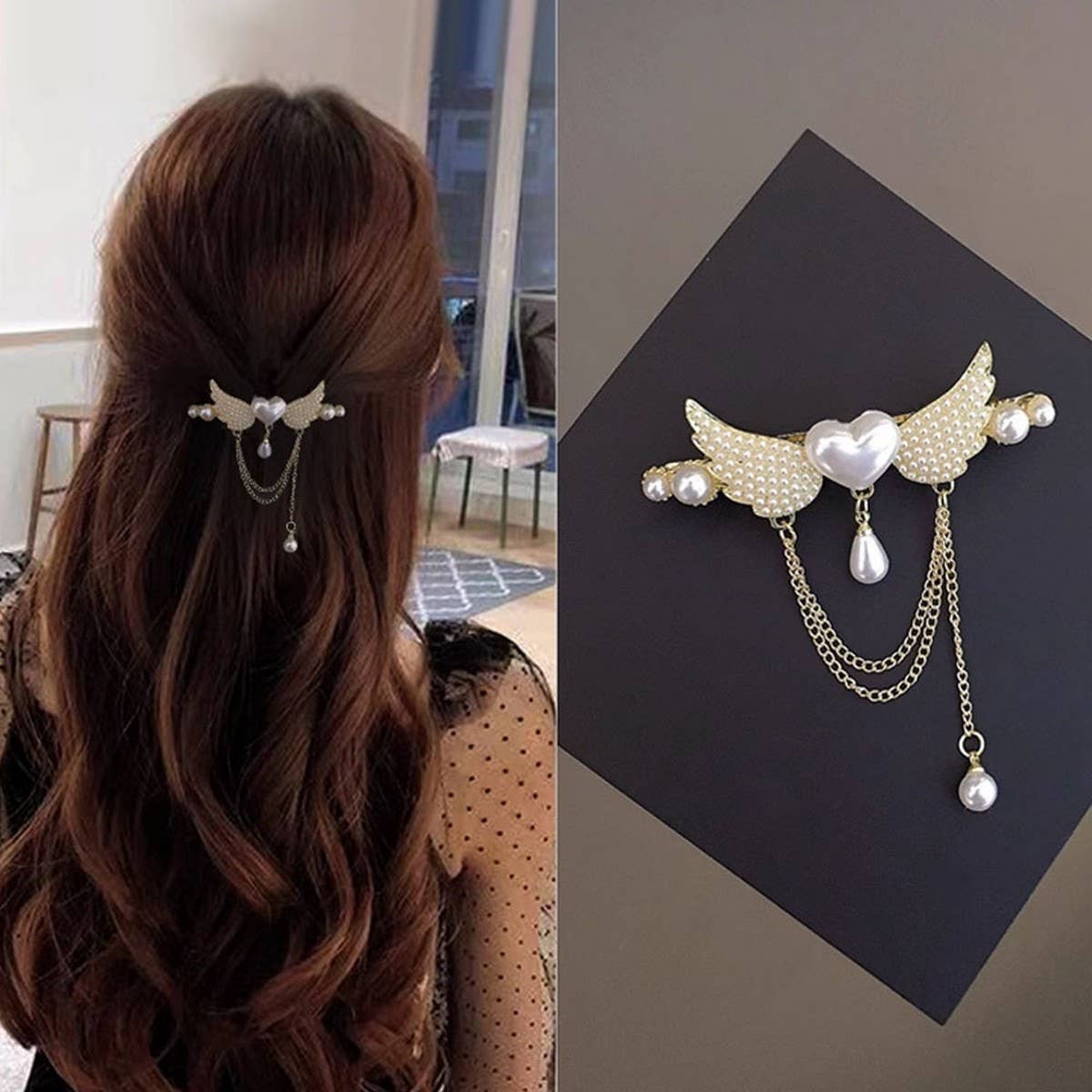 SWEET HEART TASSEL SPRING CLIP PEARL HAIRPIN