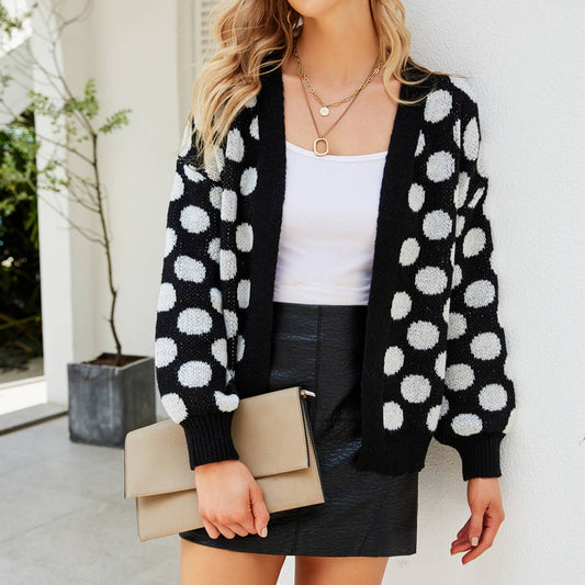 Single breasted polka-dot loose knit cardigan coat