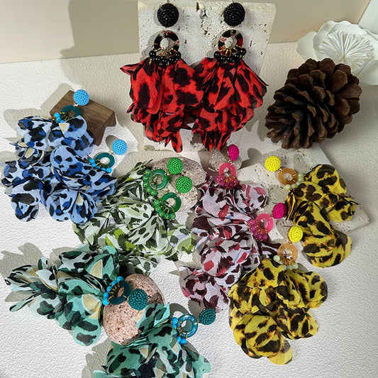 Fabric Flower Tassel Earrings with Leopard Print_CWMM6265