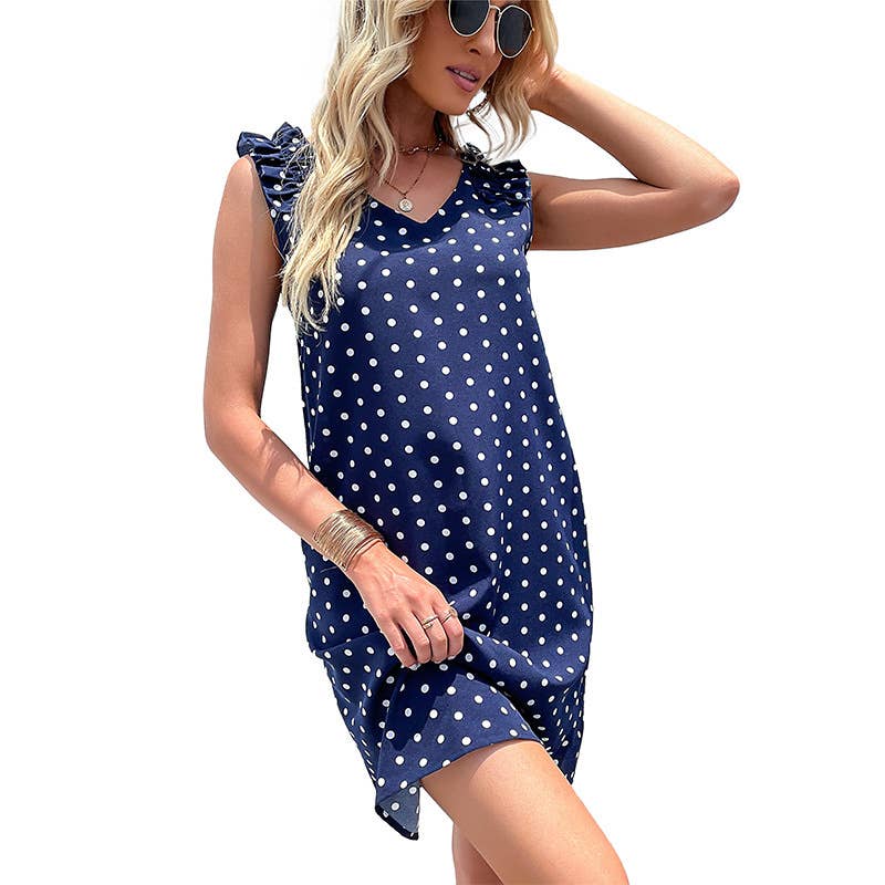 Polka Dot sleeveless pleated V-neck dress