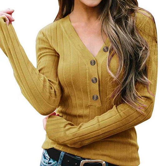 V-NECK BUTTON SOLID COLOR LONG-SLEEVED SWEATER