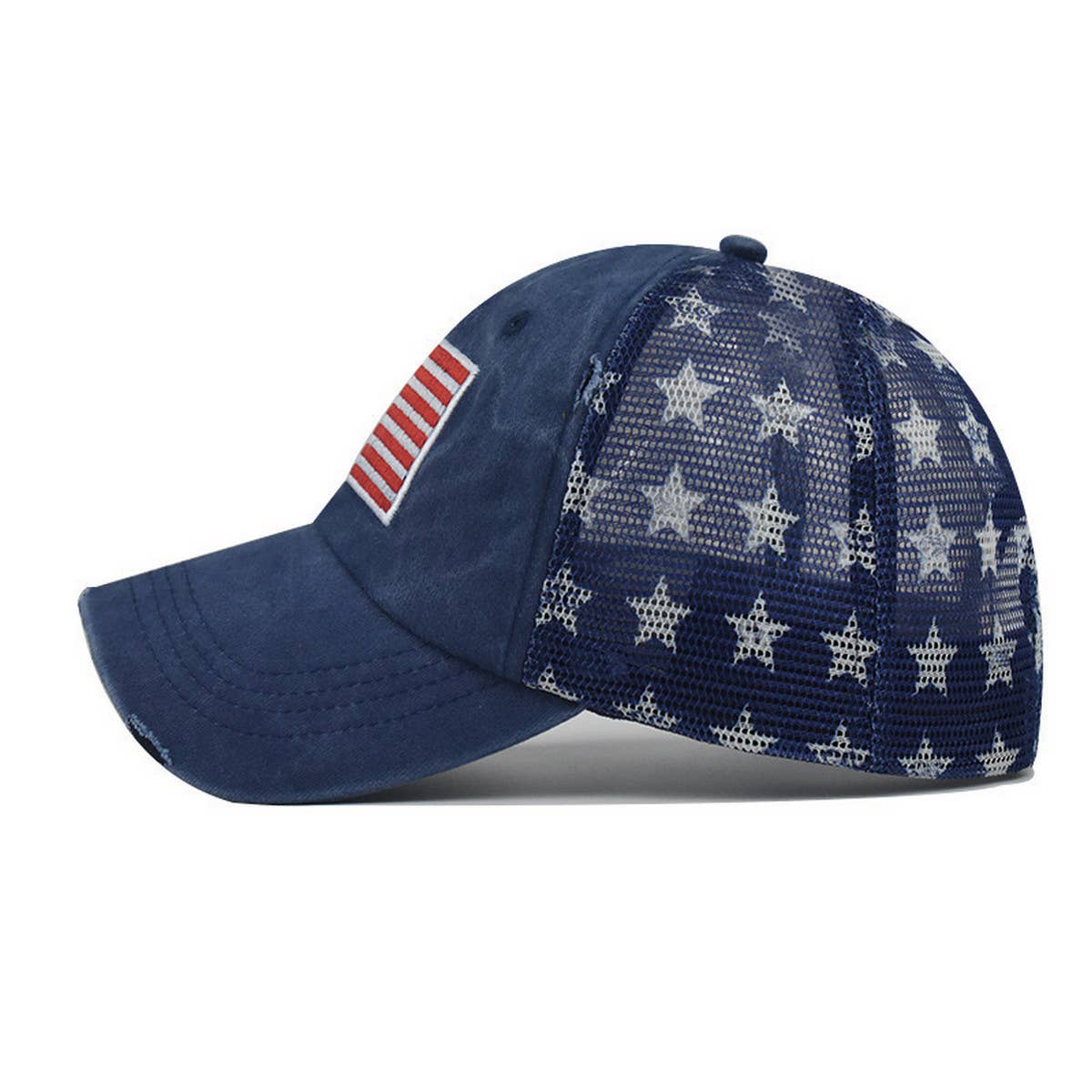 Washed Cotton Distressed Star US Flag Ponytail Cap CWAH1379