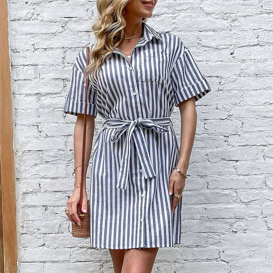 Striped lapel lace-up shirt dress