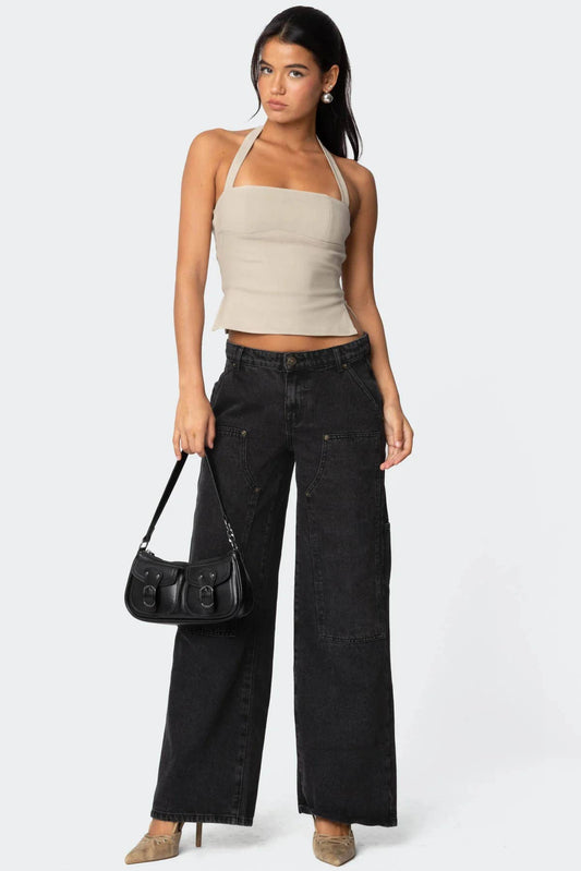 Loose-fitting wide-leg rivet work jeans