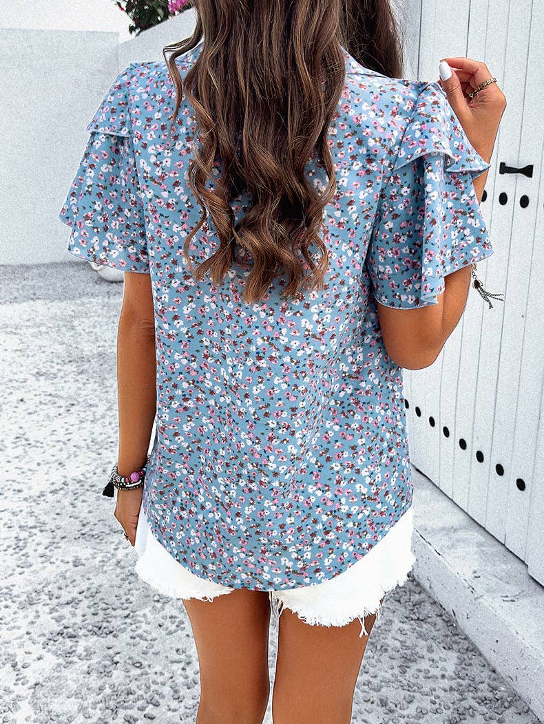 ELEGANT PRINTED FLORAL WOOD EAR BLOUSE