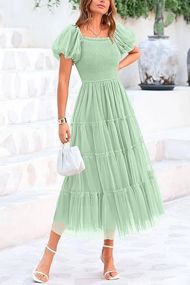 CWDMD6369_SQUARE NECK PLEATED MESH PANELED FLUFFY DRESS