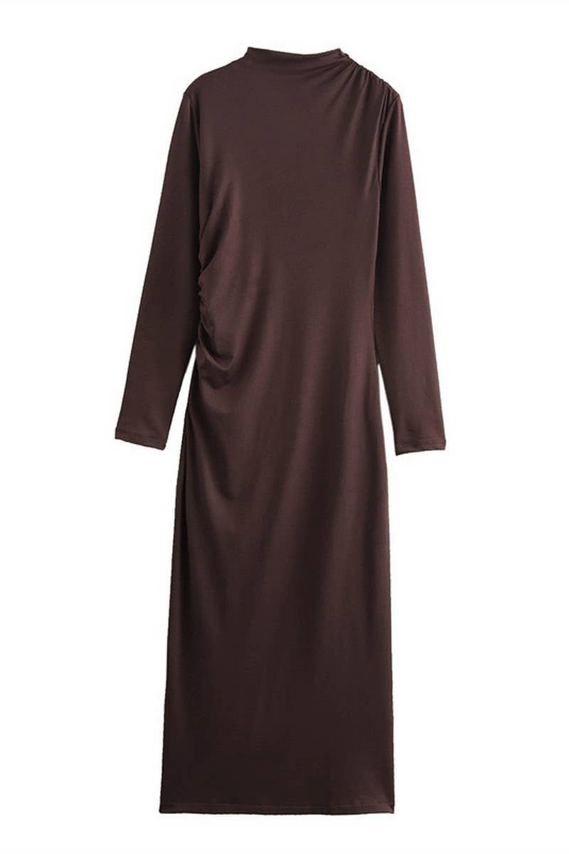 CWDMD4183_SOLID COLOR HALF TURTLENECK LONG PLEATED DRESS