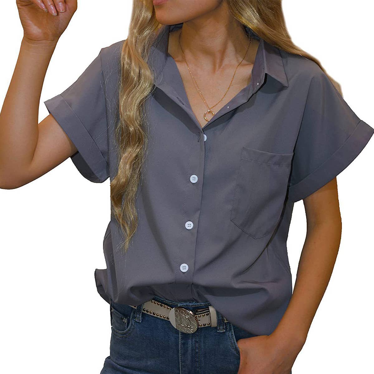 V-NECK BUTTON-DOWN SHIRT TOP