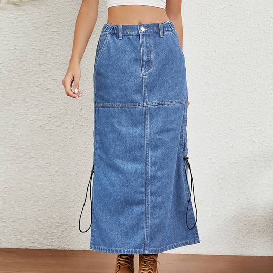 ELASTIC-WAISTED DRAWSTRING DENIM SKIRT