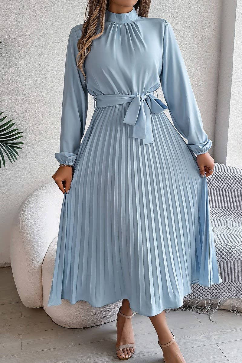 CWDMD3430_TIE STAND COLLAR PLEATED MAXI DRESS