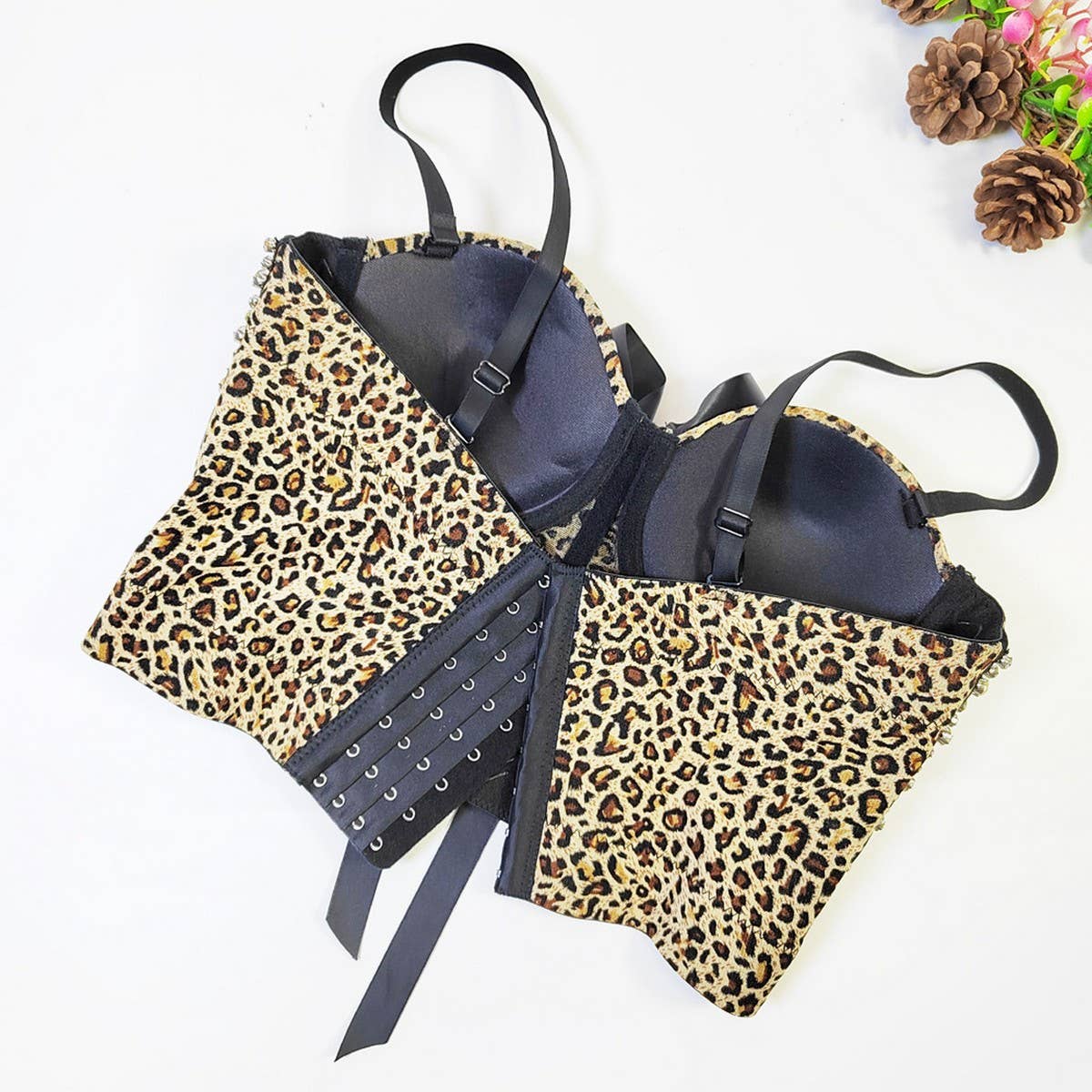 LEOPARD PRINT BOW HERRINGBONE BRA WITH RHINESTONES