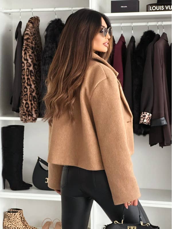 SUIT COLLAR SOLID COLOR SINGLE BUTTON WOOLEN COAT